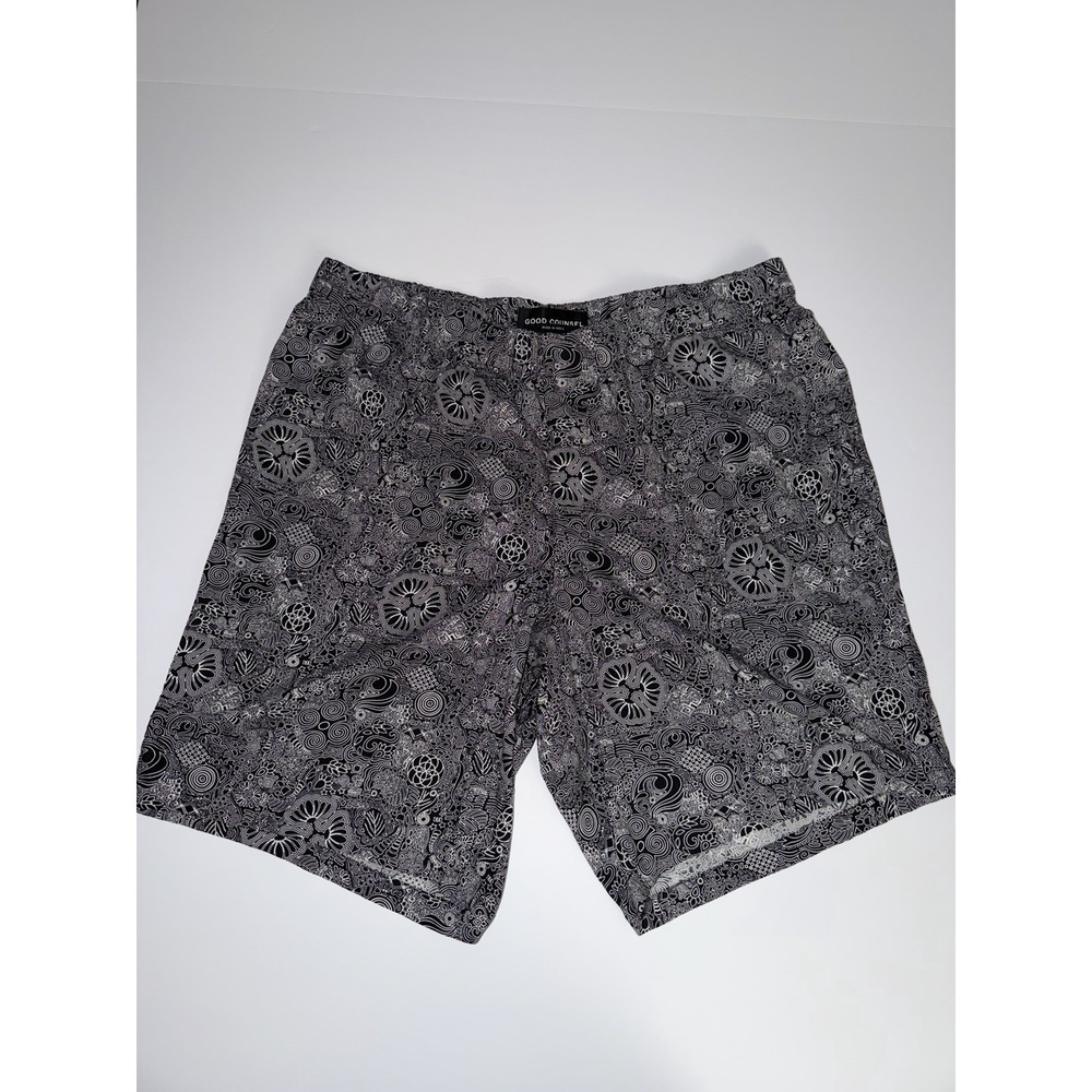 Good Counsel Men 2XL Shorts Black White Paisley Floral Abstract Gym Pool Fun NWT